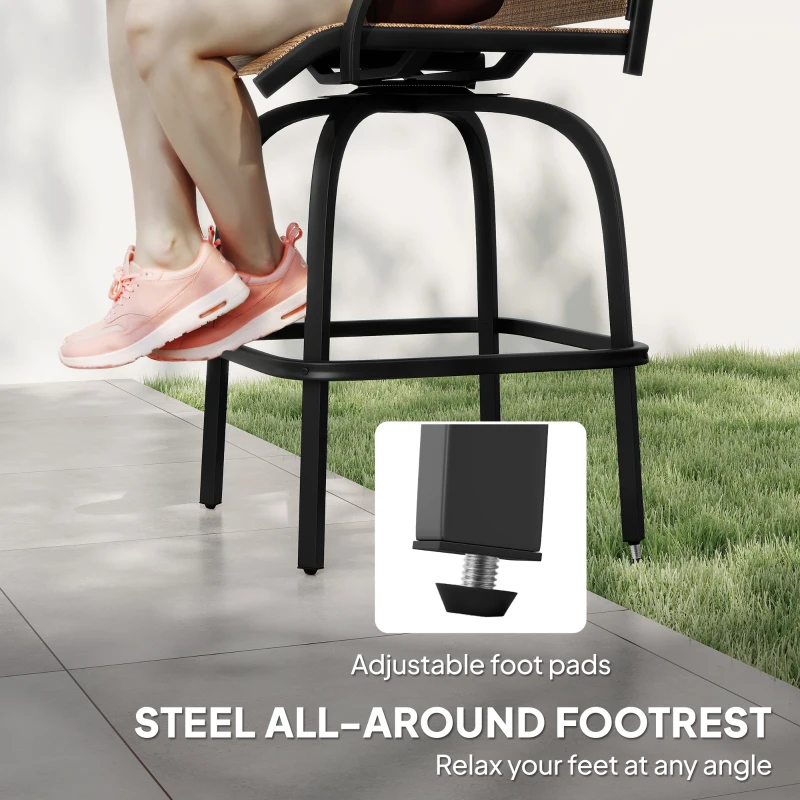 Outsunny Outdoor Bar Stools Set of 2, Swivel Bar Height Chairs with High Back, Curved Armrests and Steel Frame for Balcony, Brown