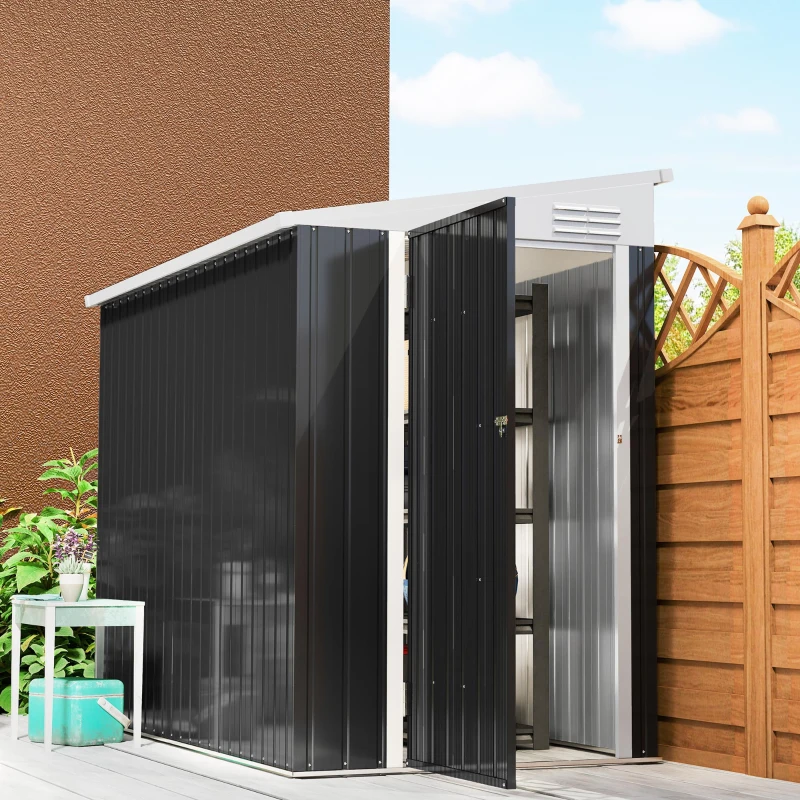 Outsunny 4' x 8' Outdoor Storage Shed Lean to Shed Outdoor Metal Tool Shed with Lockable Door and Air Vents, Dark Grey