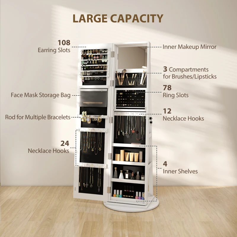 HOMCOM Jewelry Cabinet with Full Length Lockable Mirror, Standing Jewelry Armoire Organizer with LEDs, White
