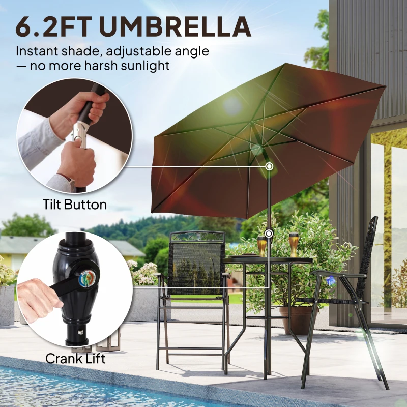 Outsunny 4 Piece Outdoor Bar Set with Umbrella, Patio Dining Set with 2 Folding Chairs, Wave Textured Tempered Glass Table for Backyard, Garden, Deck, Poolside, Black