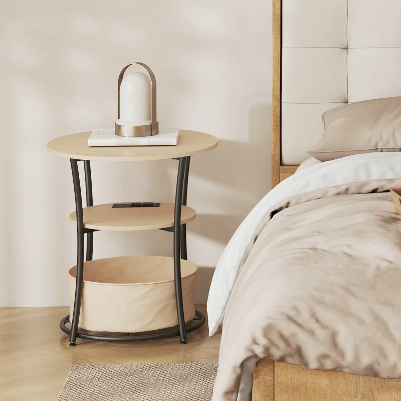 HOMCOM Round Side Table with Charging Station, 3-Tier End Table with Fabric Storage Bag and Shelf, Natural Wood