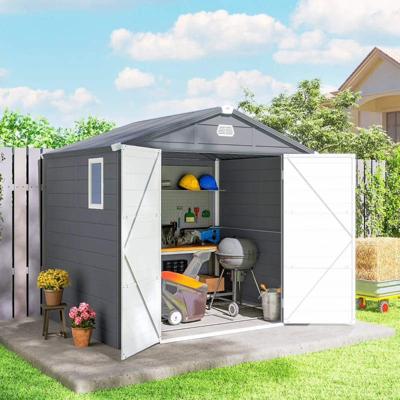 Outsunny 8' x 6' Plastic Garden Storage Shed with Latch Door, Vents, Sloped Roof, Dark Grey