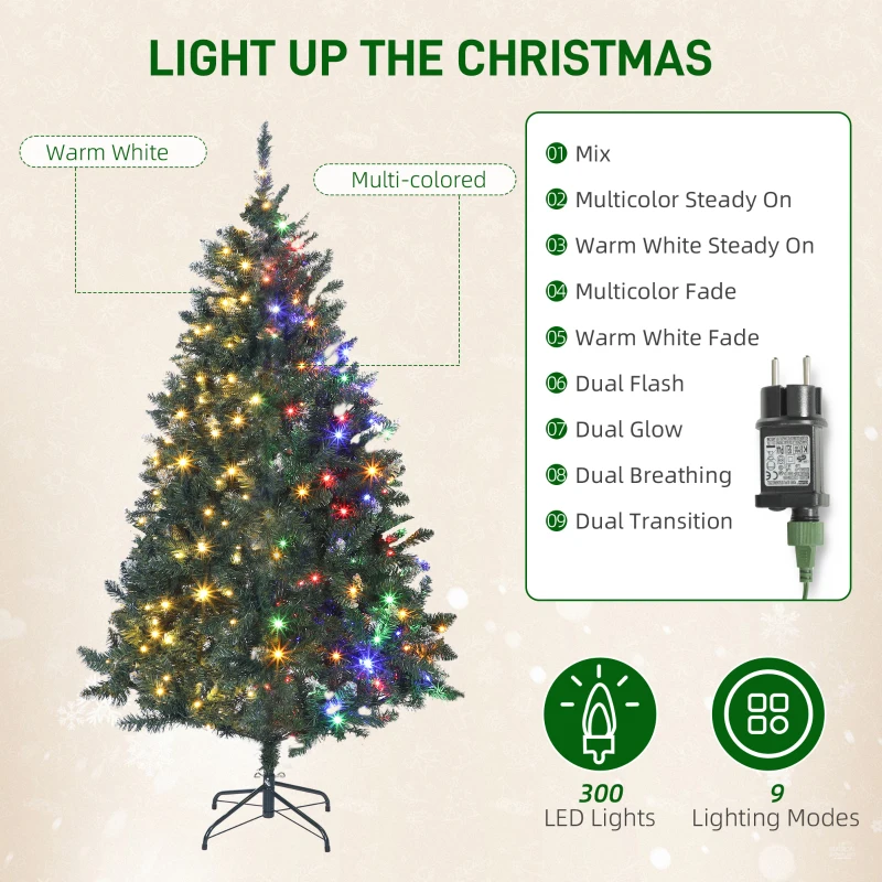HOMCOM 6 ft Frosted Prelit Christmas Tree, Full Spruce Xmas Tree with Dual Colour LED Light, Hinged Xmas Tree, Easy Assembly