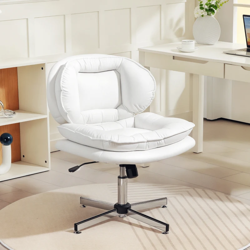 HOMCOM Criss Cross Chair, Armless Wide Office Chair with Leathaire Upholstery, Tilting, No Wheels, White