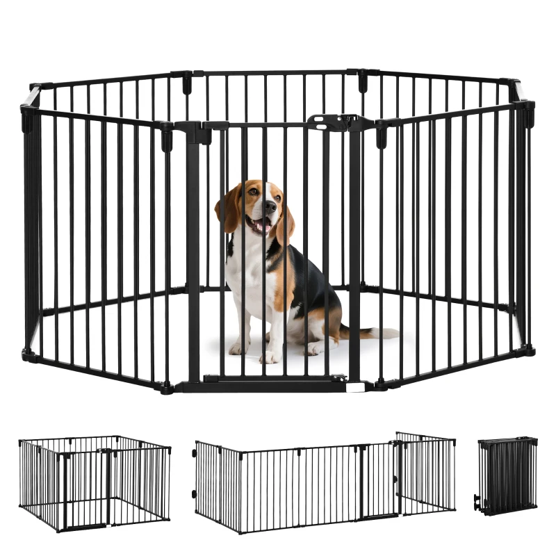 PawHut Dog Safety Gate 8-Panel Playpen Fireplace Christmas Tree Steel Fence Stair Barrier Room Divider Black