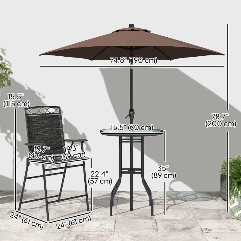 Outsunny 4 Piece Patio Bar Set, Sling Folding Outdoor Furniture with Brown Umbrella for Poolside, Backyard and Garden, Black