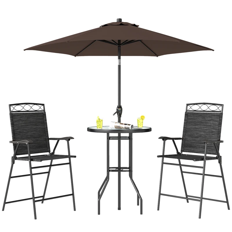 Outsunny 4 Piece Patio Bar Set, Sling Folding Outdoor Furniture with Brown Umbrella for Poolside, Backyard and Garden, Black