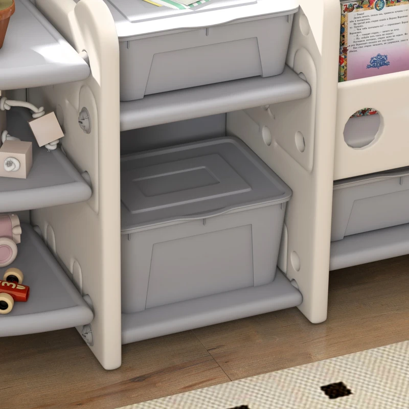 Qaba Toy Storage Organizer with 4 Storage Boxes, Bookshelves, Storage Racks, for Nursery, Kids Room, Playroom, Cream White