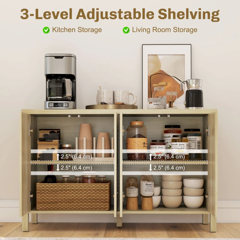 HOMCOM 47" Buffet Cabinet with Storage, Fluted Sideboard with Push to Open Design, 2 Adjustable Shelves and 4 Doors, Natural