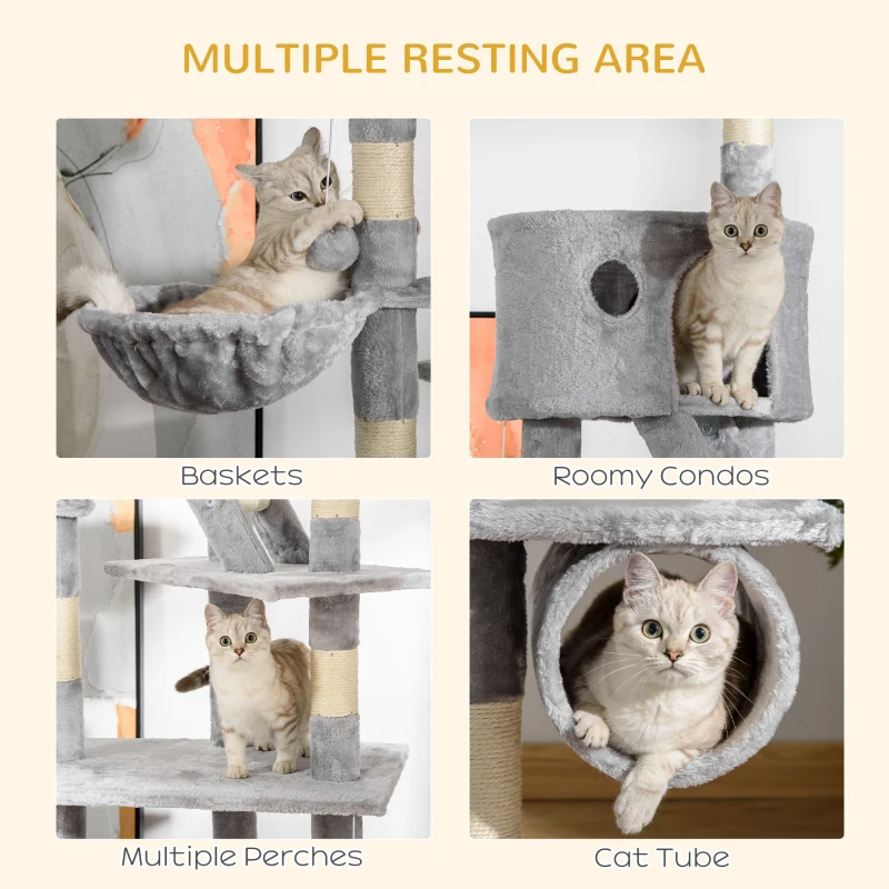 PawHut Floor to Ceiling Cat Tree, 94.5-102.5 inch Height Adjustable Cat Climbing Tower with Scratching Posts, Condos, Hammocks