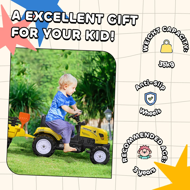 Aosom Kids Ride on Tractor with Back Trailer, Shovel & Rake, Horn, Pedal Go Kart for 3 Years Old, Yellow(m-7)