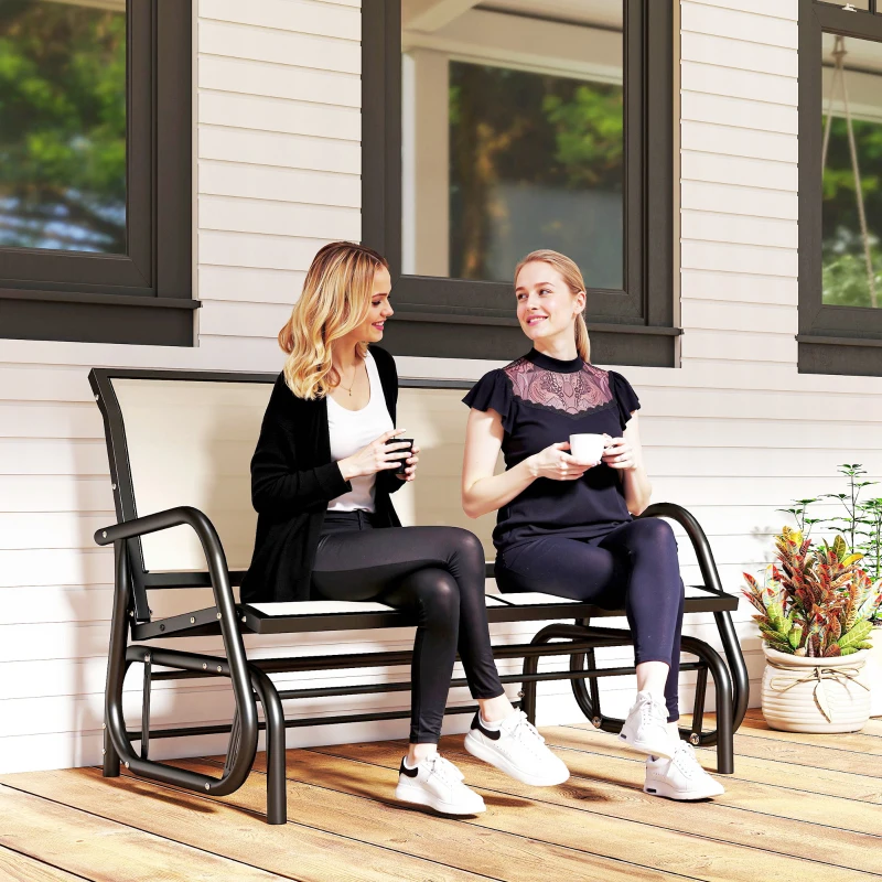 Outsunny Patio Double Glider Outdoor Steel Sling Fabric Gliding Bench Garden Swing Chair Heavy-Duty Porch Rocker Garden Loveseat Cream