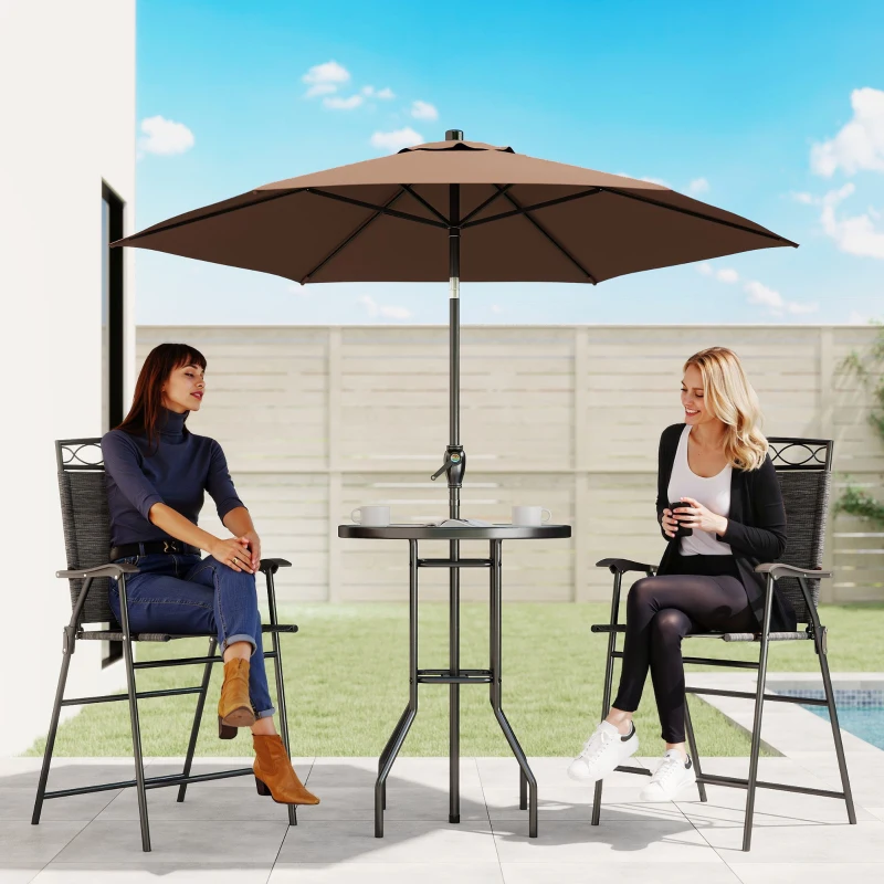 Outsunny 4 Piece Patio Bar Set, Sling Folding Outdoor Furniture with Brown Umbrella for Poolside, Backyard and Garden, Black