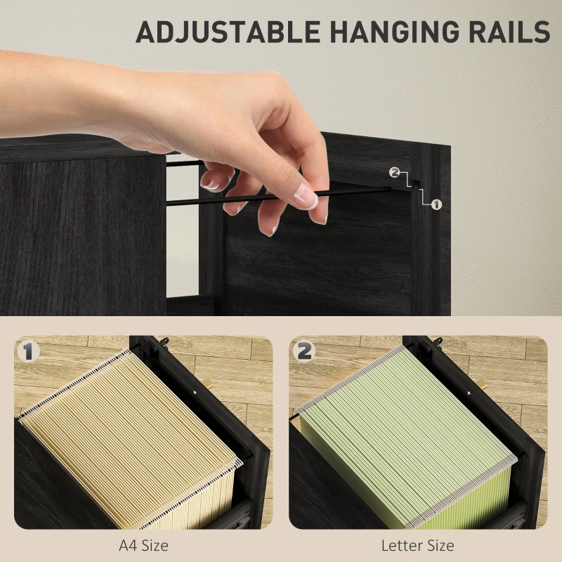 HOMCOM 2 Drawer Filing Cabinet with Lock, Boho File Cabinet for A4 Letter Size Files with Decorative Rattan Accents, Black