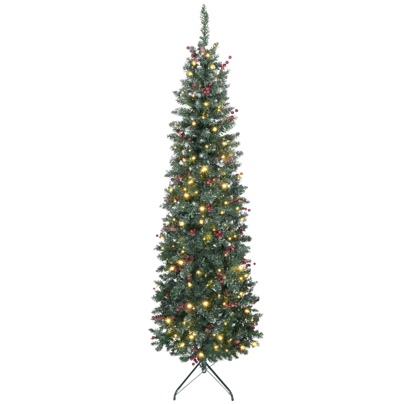 HOMCOM 7 ft Pencil Prelit Christmas Tree with LED Light, Silver Glitter, Dense Pointed Branches, 8 Modes, Slim Xmas Tree