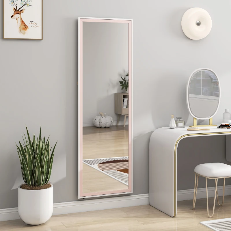 HOMCOM 64" x 21" Full Length Mirror, Rectangular Full Body Mirror with Frame, Standing, Hanging or Leaning, White and Pink