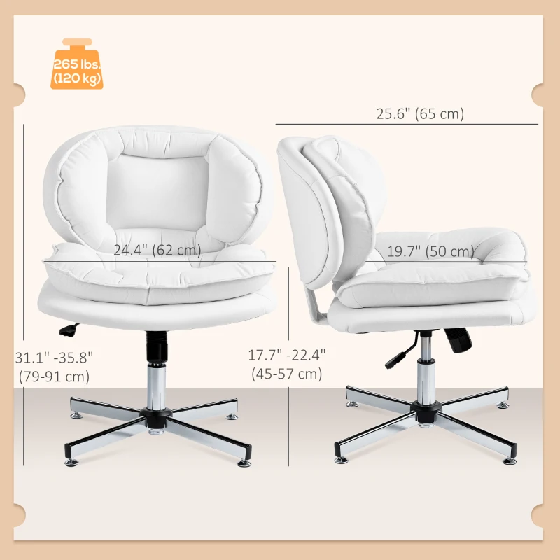 HOMCOM Criss Cross Chair, Armless Wide Office Chair with Leathaire Upholstery, Tilting, No Wheels, White