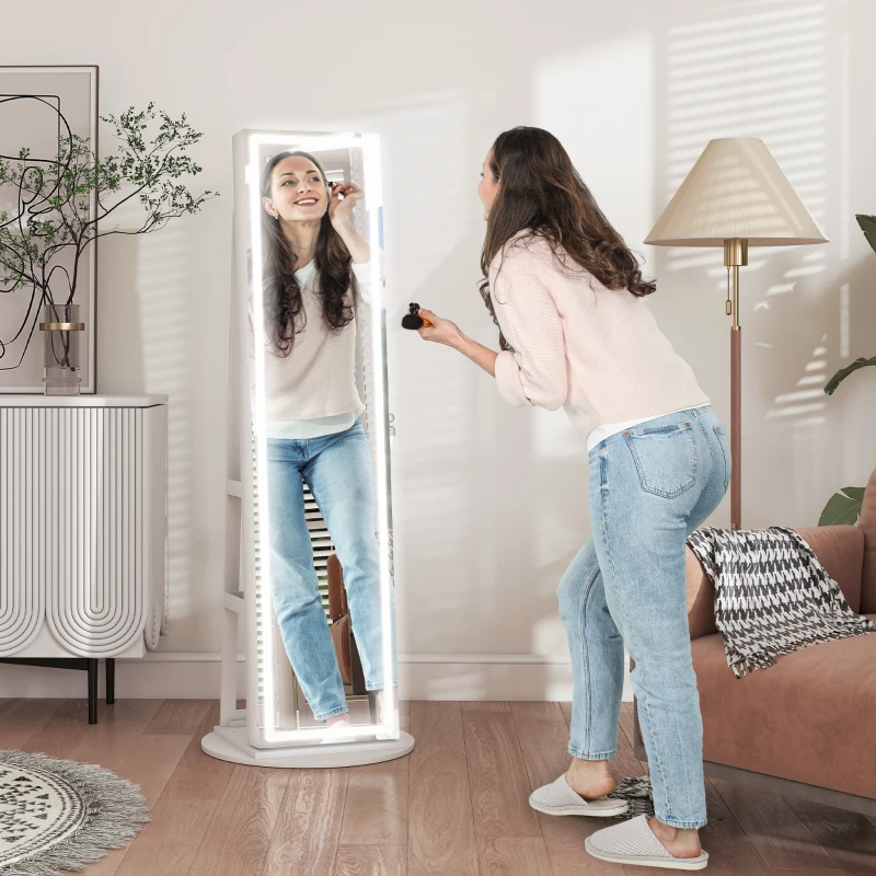 HOMCOM Jewelry Cabinet with 360° Swivel Full Length Lockable Mirror, Standing Jewelry Armoire Organizer with LEDs, White