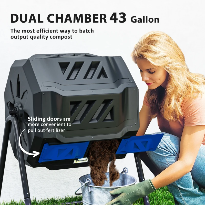 Outsunny Tumbling Compost Bin Outdoor Dual Chamber 360° Rotating Composter 43 Gallon with Sliding Doors, Blue