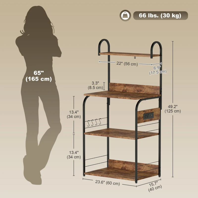 HOMCOM Baker's Rack with Charing Station, Microwave Shelf with Power Outlet, USB Charger and 4 Hooks, Rustic Brown