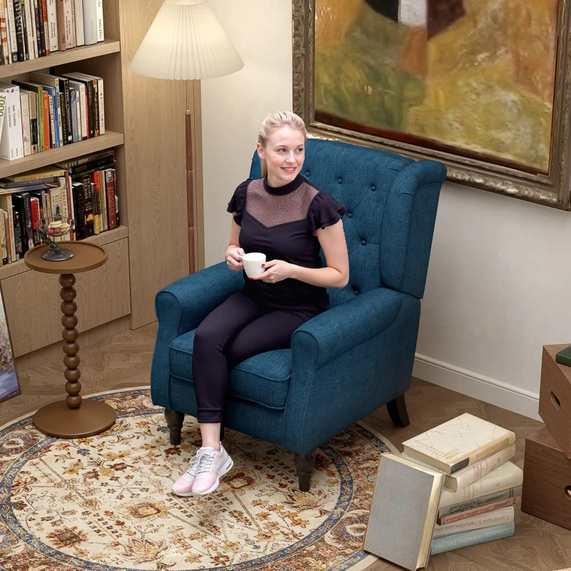 HOMCOM Button Tufted Accent Chair for Living Room - Upholstered Wingback with Wood Legs, Rolled Arms, Thick Padding, Blue