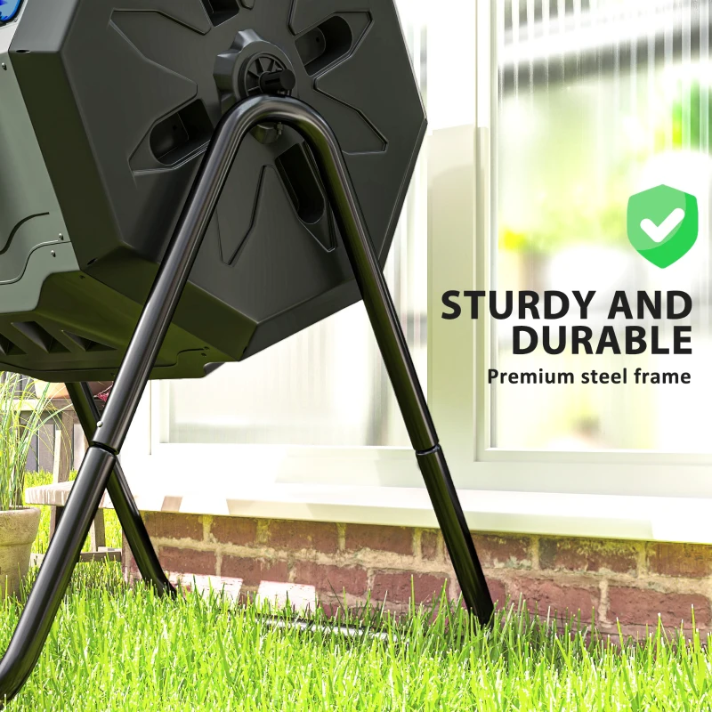 Outsunny Tumbling Compost Bin Outdoor Dual Chamber 360° Rotating Composter 43 Gallon with Sliding Doors, Blue