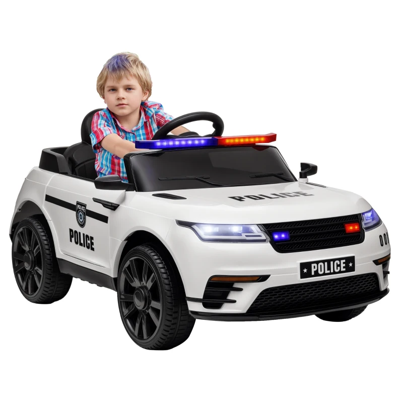 Qaba 12V Kids Electric Police Car w/ Remote Control, Spring Suspension, Transport Wheel, Siren, Music, Light, Horn, White