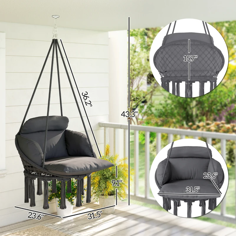 Outsunny Hammock Swing Chair, Macrame Hanging Chair with Large Cushion, Chain, Steel Frame for Indoor Outdoor Use, Dark Gray