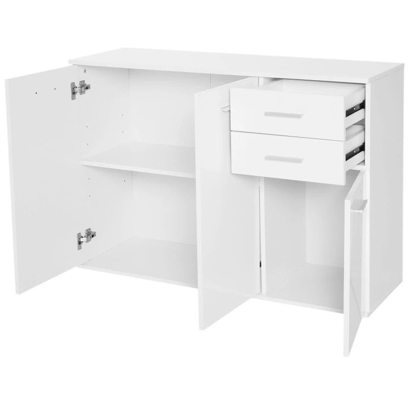 HOMCOM High Gloss Sideboard with 2 Drawers and 3 Doors, Buffet Cabinet with Adjustable Shelf, Coffee Bar Cabinet with Storage, White