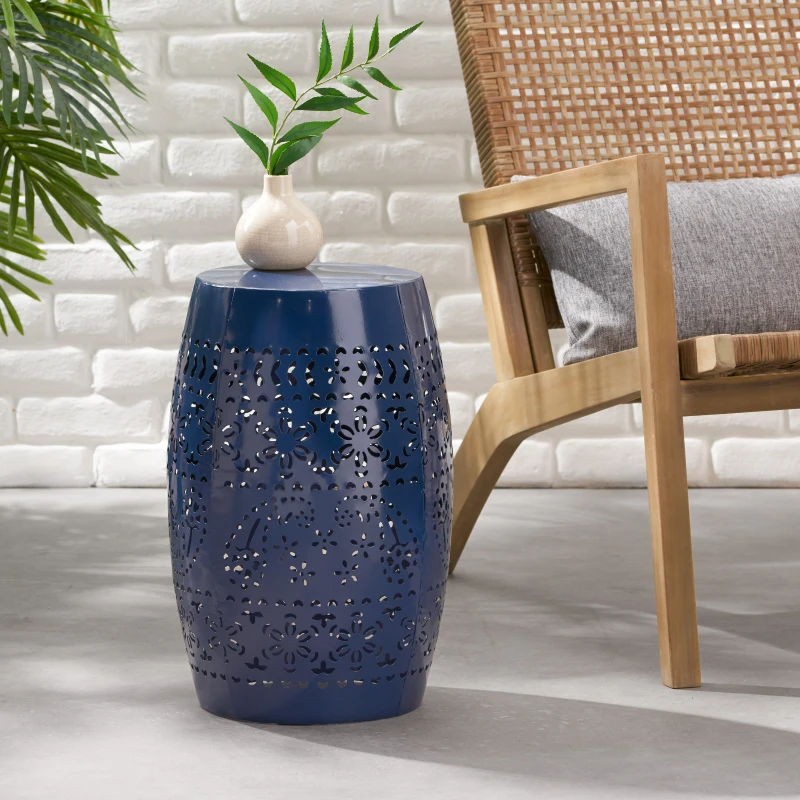 Lace-Cut Metal Side Table with All-metal Construction, Outdoor Accent Table with Barrel Shape Design, 12" L x 12" W x 18" H, Dark Blue