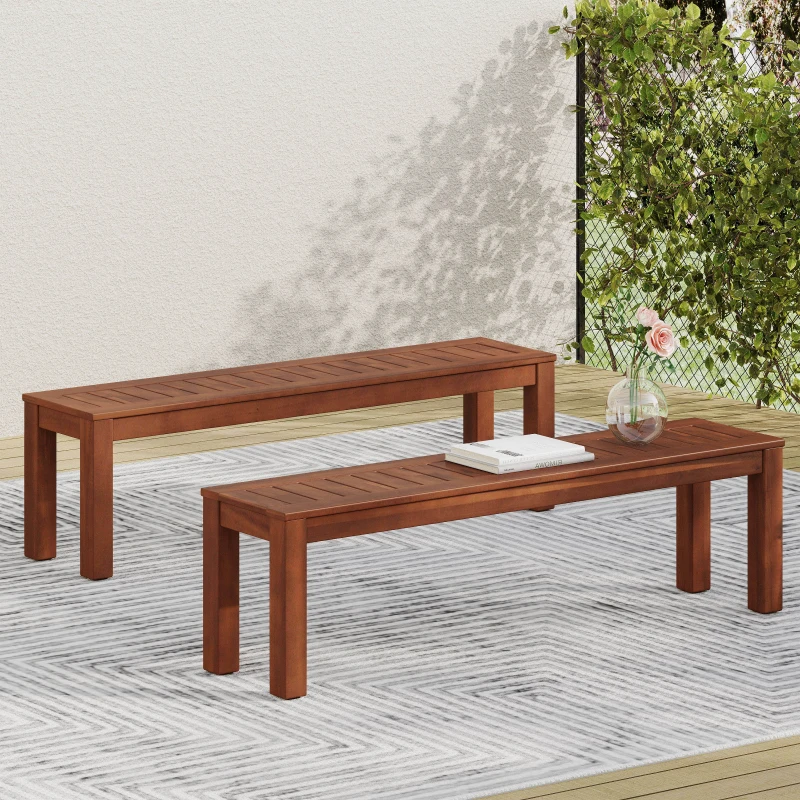 Rustic Acacia Wood Bench Set of 2 with Slat Panel Design, Rustic Style with Earthy Textures, 62" L x 14.5" W x 18" H, Dark Brown