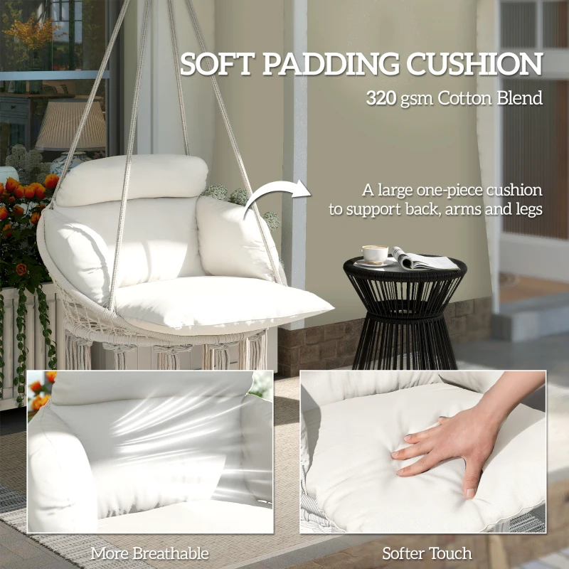 Outsunny Hammock Swing Chair, Macrame Hanging Chair with Large Cushion, Chain, Steel Frame for Indoor Outdoor Use, Cream White