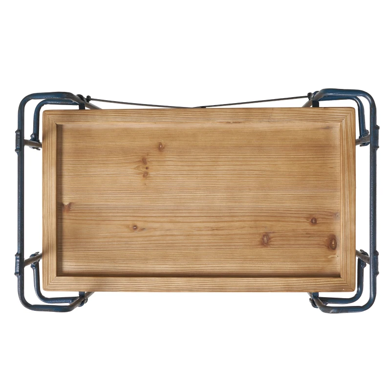 Firwood and Iron Bar Cart with Wheels, 2-Tier Mobile Serving Cart with Cross-Back Motif, 28" L x 17.5" W x 33" H, Wood+Black