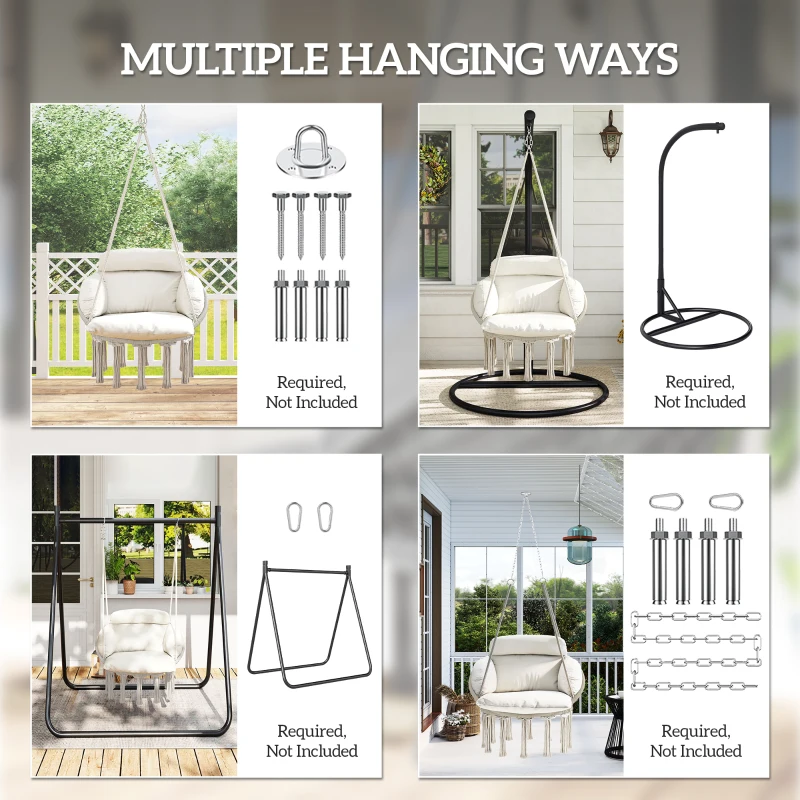 Outsunny Boho Hammock Chair Swing Hanging Chair with Cushion, Chain, Steel Frame for Indoor Outdoor Bedroom Patio Balcony, Cream
