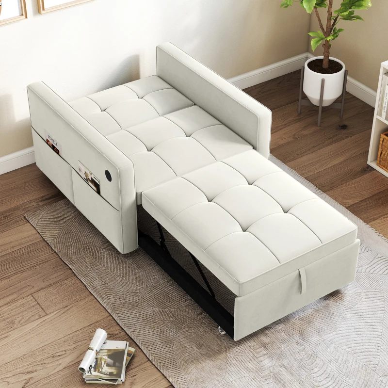 HOMCOM Convertible Chair Bed, Pull Out Sleeper Chair with USB, Adjustable Backrest, Small Velvet Futon Sofa Bed, Cream White