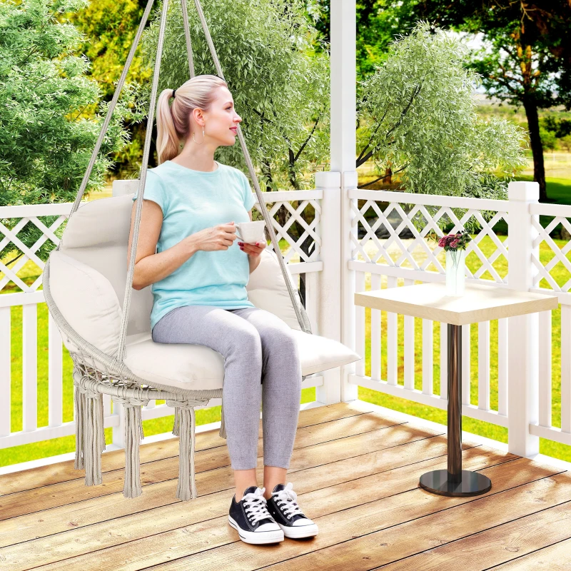 Outsunny Boho Hammock Chair Swing Hanging Chair with Cushion, Chain, Steel Frame for Indoor Outdoor Bedroom Patio Balcony, Cream