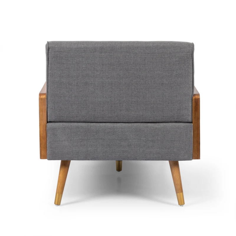 Mid-Century Chaise Lounge with 2 Accent Pillows, Button Tufted Waffle Stitch, Gold Tipped Rubberwood Legs, 64" L x 32" W x 33.5" H, Grey