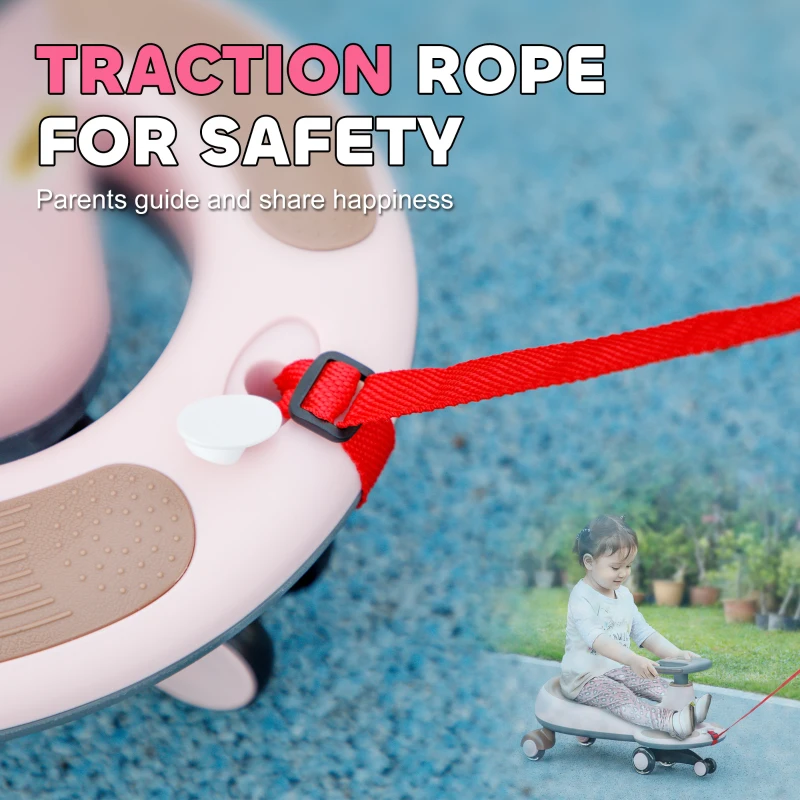 Qaba Kids Wiggle Car w/ Parent Traction Rope, Music, Light, Pink