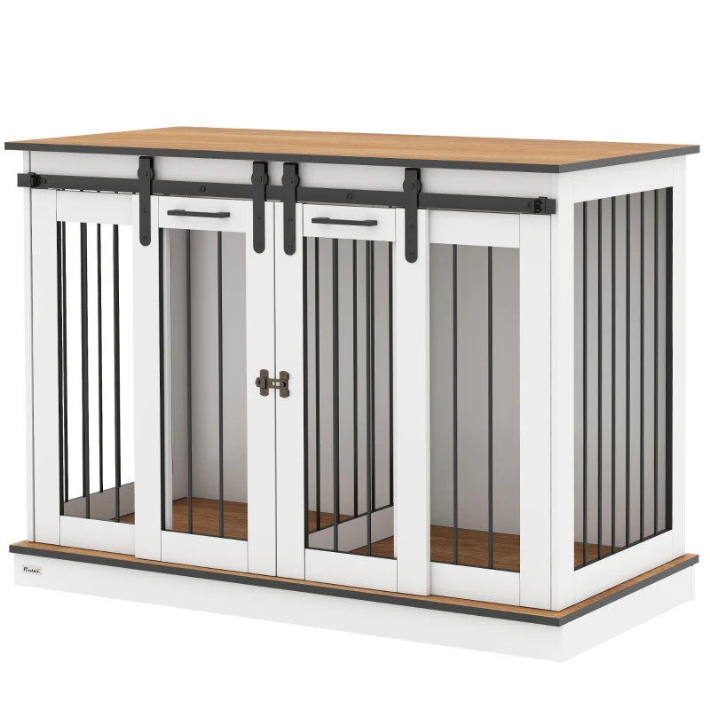 PawHut 47in Dog Crate Furniture with Divider Panel, Wooden Dog Kennel TV Stand for Large Breeds, Pet House Side Table for 2 Small Breeds with 2 Rooms Design, 2 Sliding Doors, White