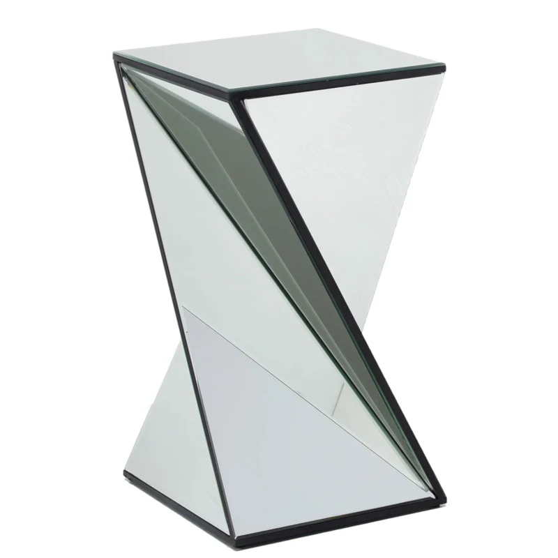 Geometric Mirrored Side Table with Modern Chic Design,Ideal for Living Room, Bedroom, Office, 14" L x 14" W x 25.5" H, Clear+Silver