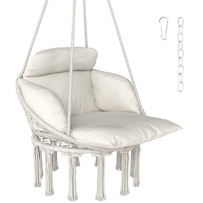 Outsunny Boho Hammock Chair Swing Hanging Chair with Cushion, Chain, Steel Frame for Indoor Outdoor Bedroom Patio Balcony, Cream