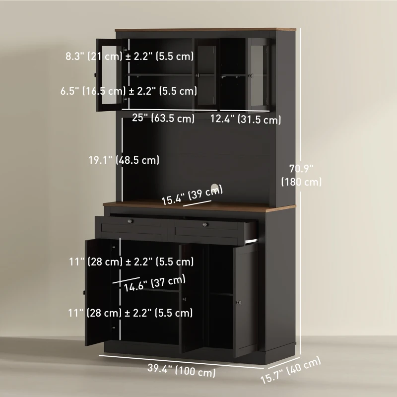 HOMCOM 71" Pantry Cabinet with Microwave Space, Buffet with Hutch, 2 Drawers, Adjustable Shelves and Glass Doors, Black