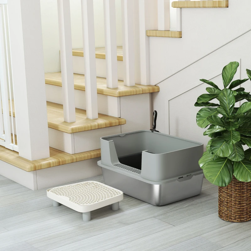 PawHut Stainless Steel Litter Box with High Sides, Metal Cat Litter Box with Scoop, Pedal, Anti-Urine Leakage, Non-Sticky