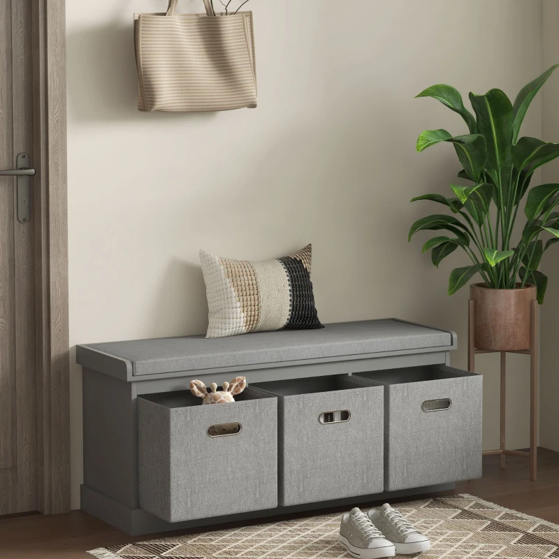 HOMCOM Shoe Storage Bench with Seat, Entryway Bench Seat with Cushion, 3 Fabric Drawers for Hallway, Grey