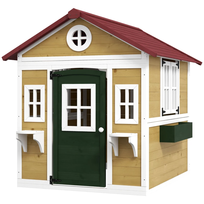 Outsunny Wooden Playhouse for Kids Outdoor with Doors, Windows, Planter Pots and Boxes for Toddlers 3-8 Years, Beige