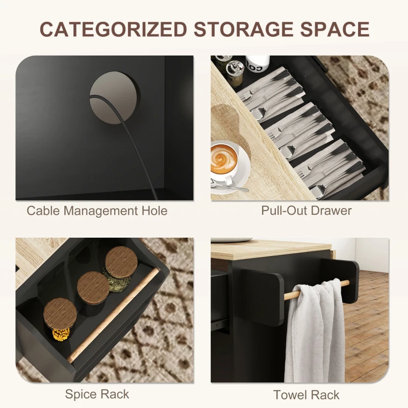 HOMCOM Kitchen Island with Storage, Rolling Kitchen Cart with Foldable Drop Leaf, Power Outlet and USB Ports, Black