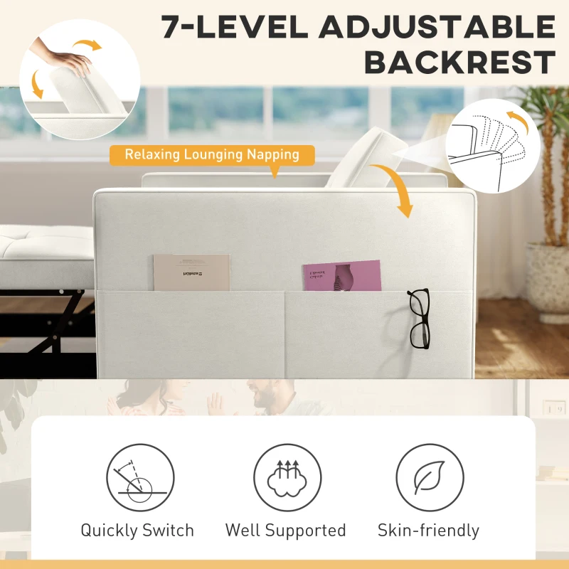 HOMCOM Convertible Chair Bed, Pull Out Sleeper Chair with USB, Adjustable Backrest, Small Velvet Futon Sofa Bed, Cream White