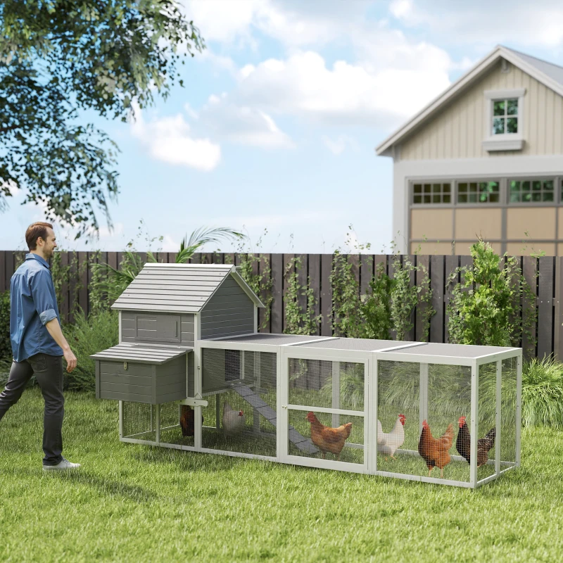 PawHut Wooden Chicken Coop with Nesting Boxes, Run, Doors, Tray, Ramp for 4-6 Chickens