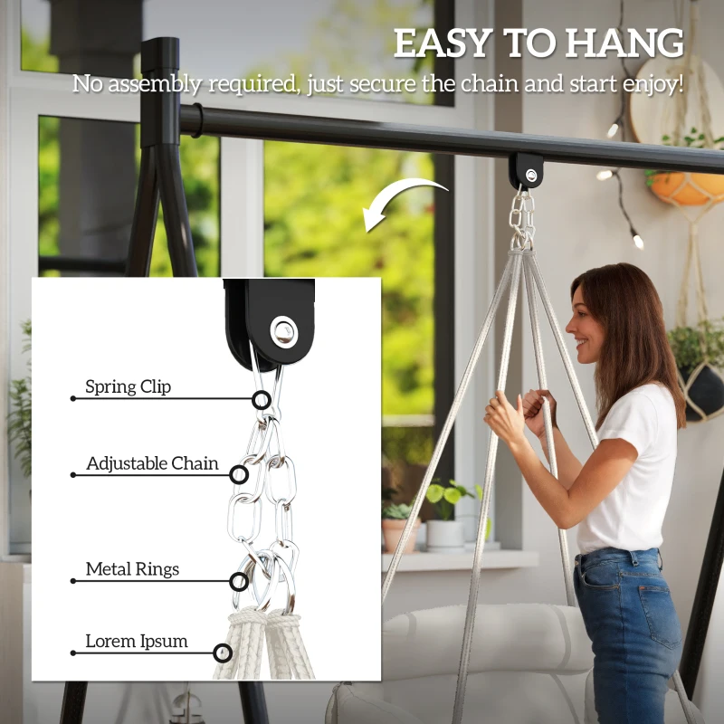 Outsunny Hammock Swing Chair, Macrame Hanging Chair with Large Cushion, Chain, Steel Frame for Indoor Outdoor Use, Cream White