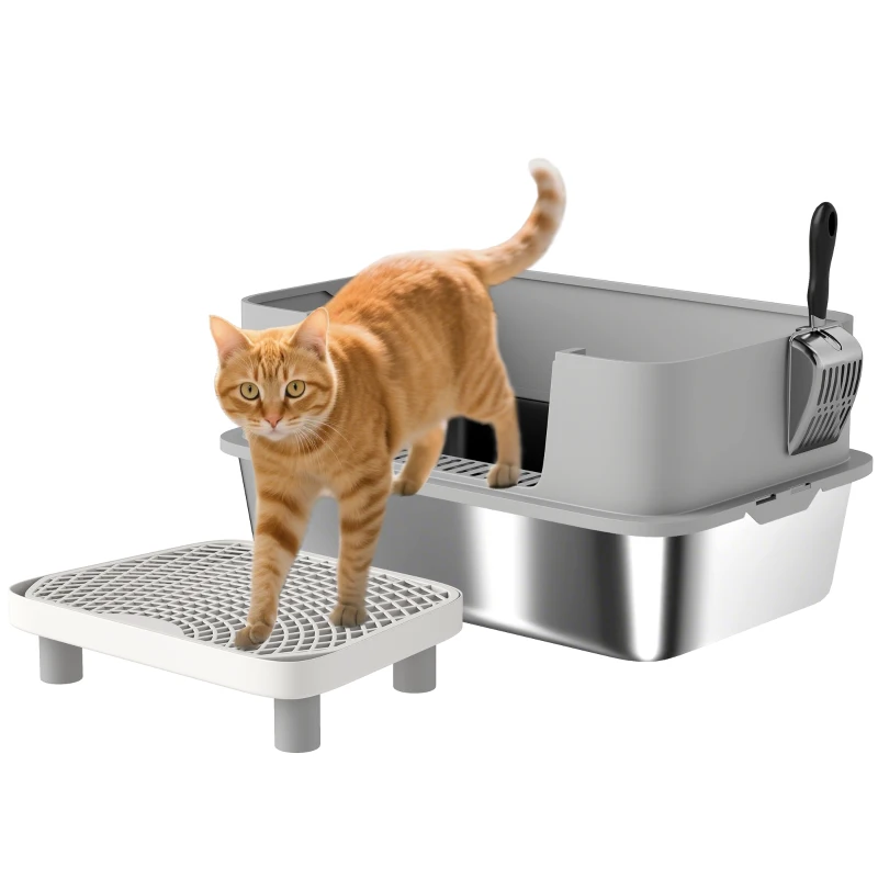 PawHut Stainless Steel Litter Box with High Sides, Metal Cat Litter Box with Scoop, Pedal, Anti-Urine Leakage, Non-Sticky
